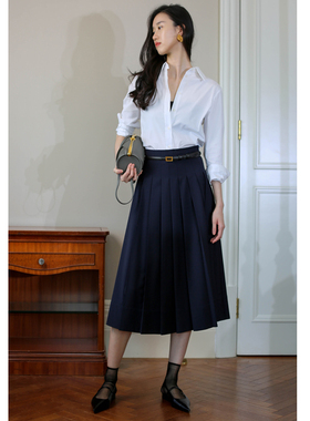 无有无印亲肤可机洗羊毛混纺高腰显瘦大摆百褶半身裙23302