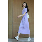 无有无印浅紫棉质舒适透气圆领短袖 系带中长款 T恤e连衣裙25016
