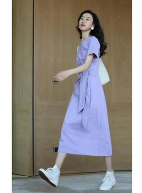 无有无印浅紫棉质舒适透气圆领短袖系带中长款T恤e连衣裙25016