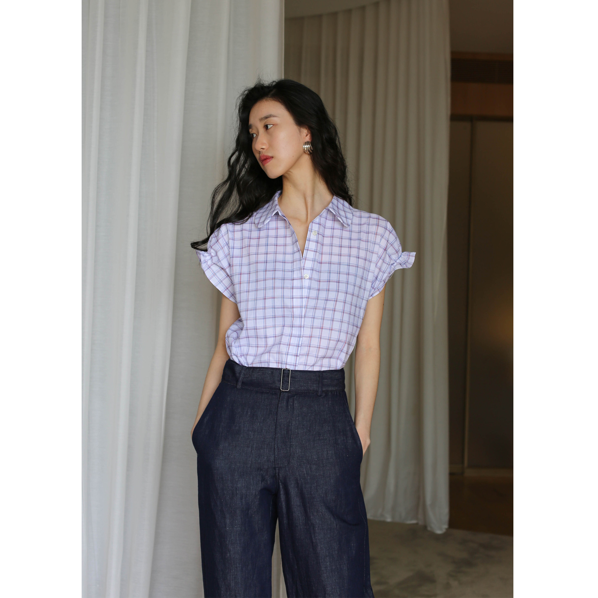 无有无印棉质格子舒适透气POLO领短袖木耳边衬衫25047