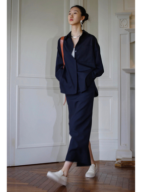 无有无印可水洗精细羊毛 深蓝色百搭POLO领宽松衬衫衬衣22162