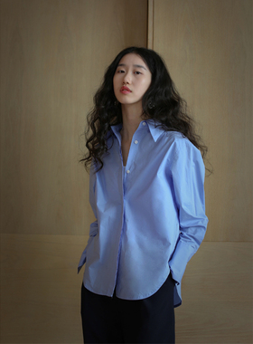 无有无印时髦优雅蓝色长绒棉舒适透气百搭宽松长袖衬衫衬衣26001