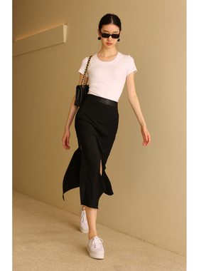 无有无印黑色精细精纺羊毛不扎人时髦开叉拼皮质腰结半身裙24121