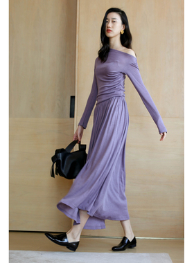 无有无印灰紫色路肩长袖大摆褶皱弹力舒适修身针织连衣裙23331