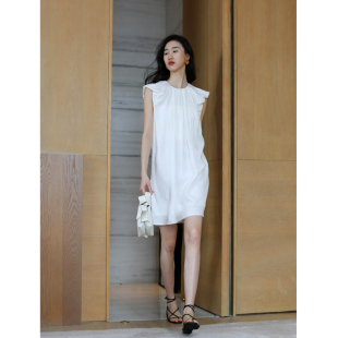 无有无印白色醋酸亚麻质感圆领无袖 褶皱H形中长连衣裙24031