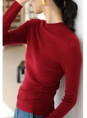 无有无印红色全羊毛修身紧身圆领长袖针织衫毛衣24305