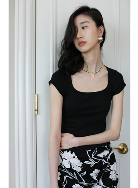 无有无印黑色棉质舒适透气紧身显瘦短袖U领t恤24074