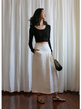 无有无印黑色针织棉质短款大方领显瘦百搭长袖针织衫24065