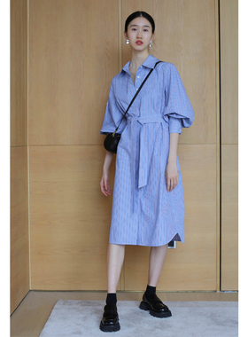 无有无印棉质舒适透气中长款时髦宽条纹POLO领衬衫连衣裙22113