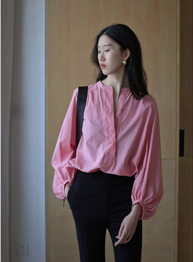 无有无印宽松粉色泡泡袖立领百搭棉质舒适透气衬衫22141
