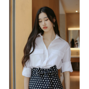 24202 宽松白色防晒衬衫 无有无印帅气男朋友衬衫 衬衣长袖