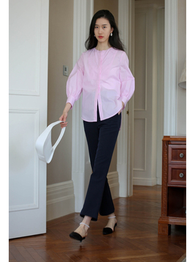 无有无印粉色棉质时髦细条纹圆领泡泡袖百搭抗皱衬衫24184