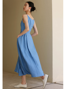 无有无印蓝色亚麻舒适透气长款大摆修腰显瘦连衣裙24117