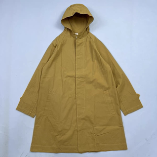 日单女春秋咔叽布后开叉连帽外套中长款工装风衣A字版英伦风大衣