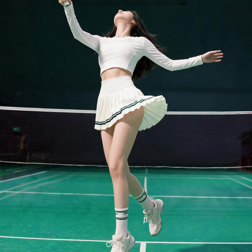 DaLian 无内衬*运动风小心机百褶裙白色半身裙女深绿条纹边网球裙