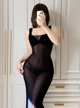 DaLian 无穿感*性感黑色透视网纱连衣裙度假风长裙修身显瘦包臀裙