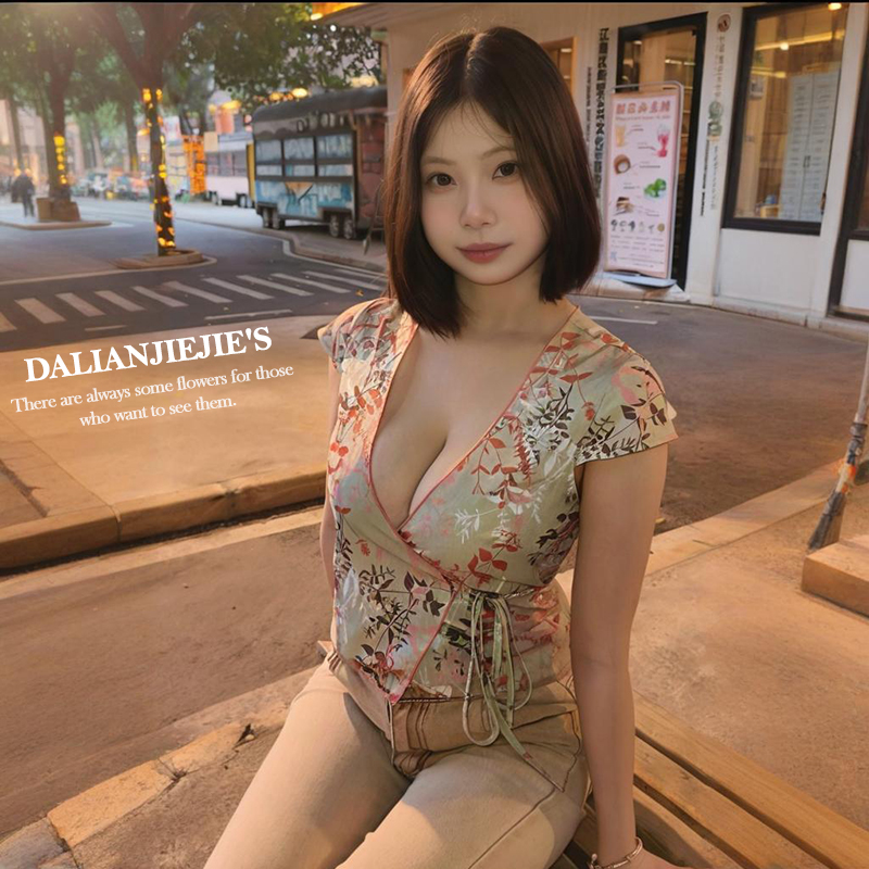 LianJie's 进阶版*叠穿性感深V领显胸T恤女双系带碎花短袖上衣夏