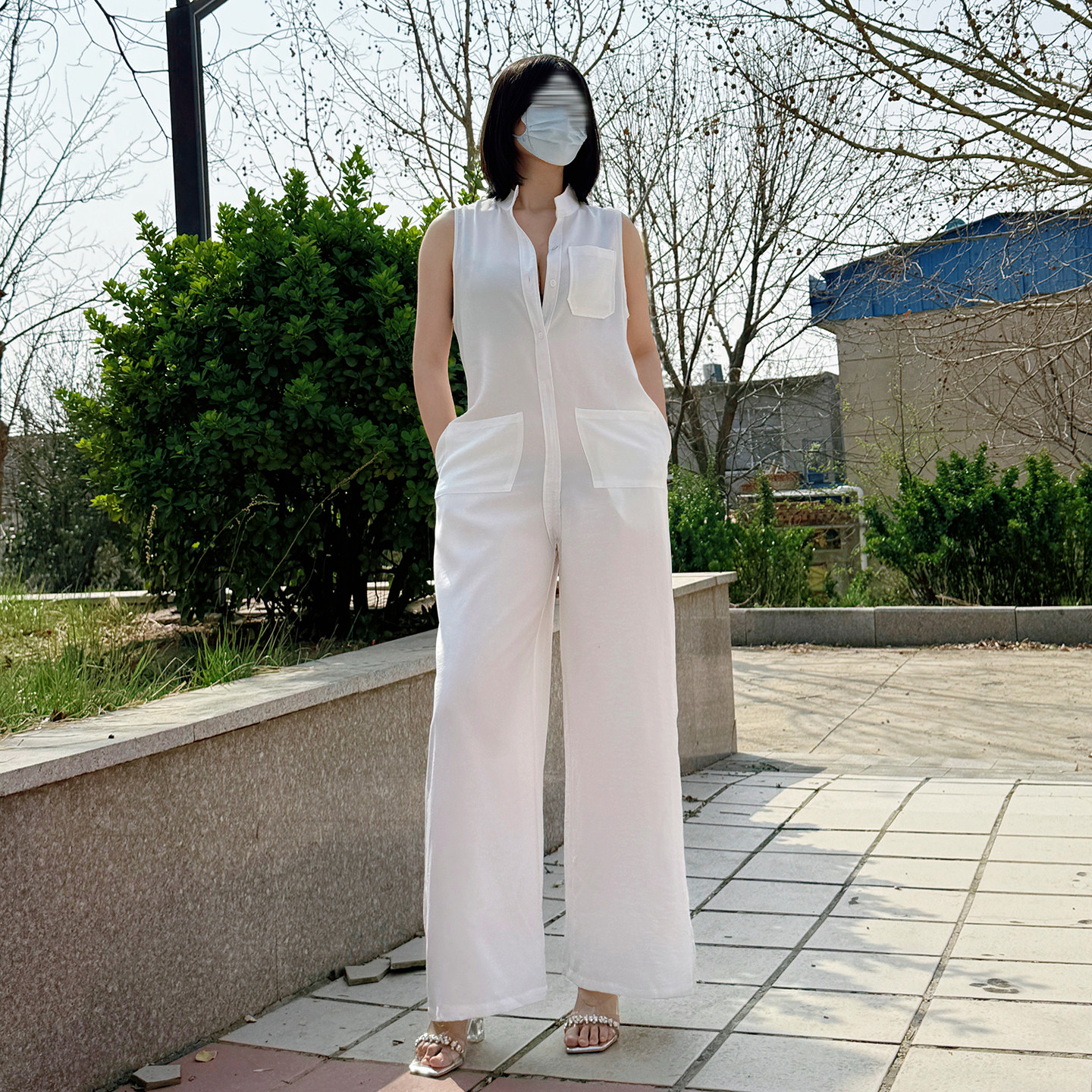 DaLian 入门版*轻透单层白色连体衣女夏款阔腿遮肉显瘦休闲连衣裤