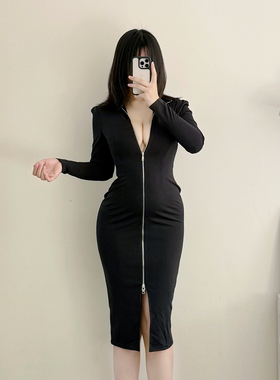 DaLian 双头拉链*小心机连衣裙御姐黑色长袖修身显瘦包臀裙开衩裙
