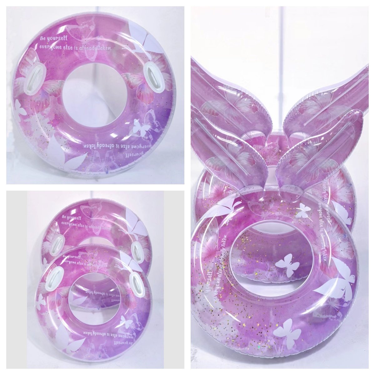 跨境亚马逊2025亮片蝴蝶成游泳圈人加厚男女救生圈100cm带把手圈