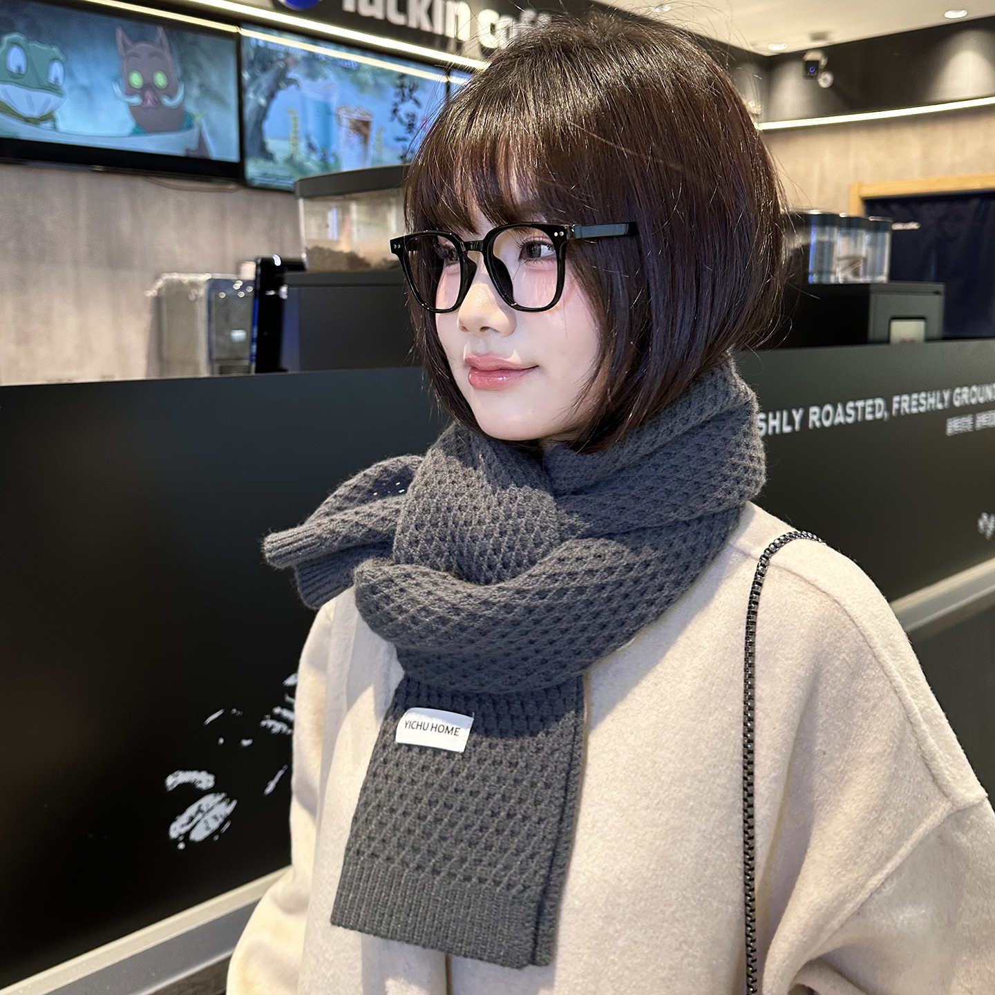 2025秋冬季新款潮韩版灰色针织围巾学生气氛感百搭软糯加厚小围巾