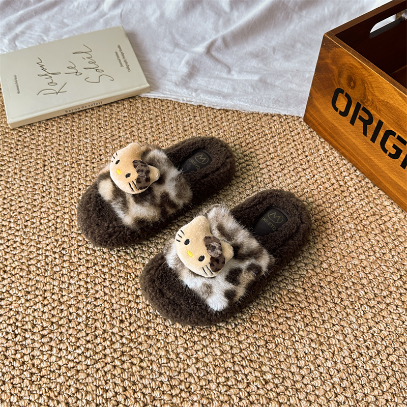 可爱卡通kitty豹纹毛毛拖鞋女童外穿2025秋冬季新款居家棉拖鞋