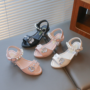 小高跟春秋女童凉鞋黑色英伦风软底单鞋金属钻珍珠演出儿童公主鞋