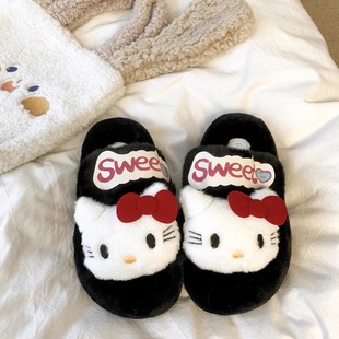 可爱hellokitty毛毛拖女童室内家居棉拖鞋厚底防滑一字拖可外穿