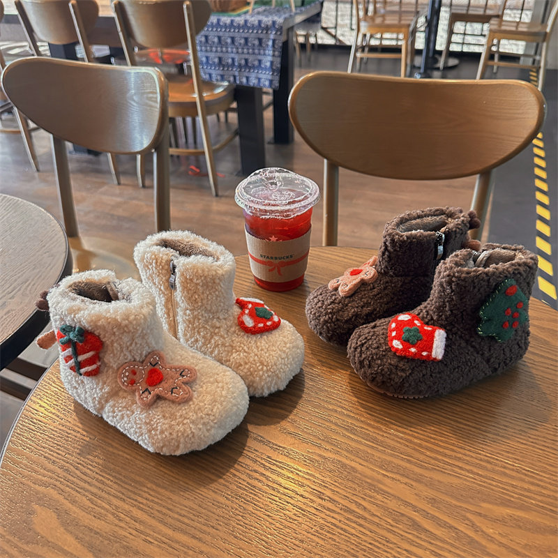 韩版女童毛毛鞋加绒保暖儿童圣诞靴冬2025新款棉鞋中童羊羔毛短靴