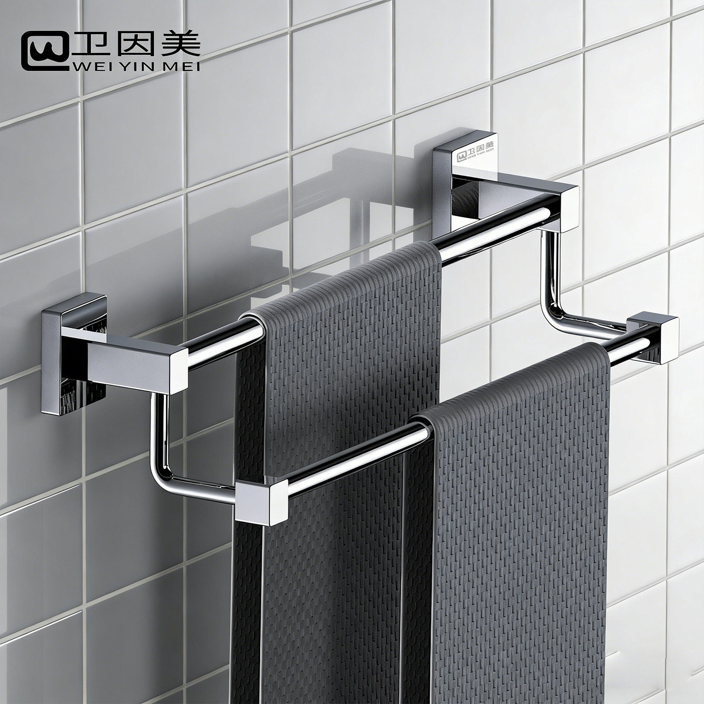 免打孔全铜双杆毛巾架 浴巾架卫浴浴室挂件五金卫生间双层 不锈钢