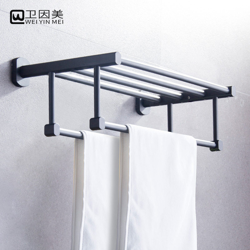 全铜加厚浴巾架双层雅黑色毛巾架浴室置物架卫生间卫浴挂件免打孔