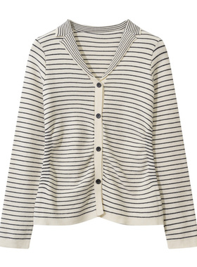 Polo领条纹长袖针织开衫女2024春秋新款设计感褶皱V领打底短上衣