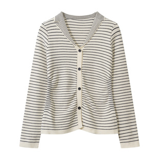 Polo领条纹长袖针织开衫女2024春秋新款设计感褶皱V领打底短上衣