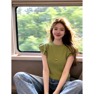 新款 自留款 减龄别致上衣 女夏季 针织衫 推荐 温柔风韩系圆领荷叶袖