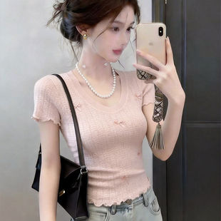 t恤女2026夏季 小香风气质甜美减龄显瘦上衣 短袖 粉色蝴蝶结针织衫