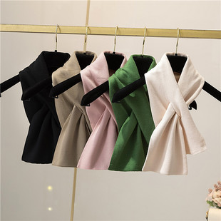 百搭冬保暖薄款 短纯色针织毛线护颈围脖 交叉小围巾女潮韩版 春秋季