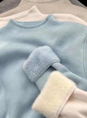 一体绒加厚仿水貂绒毛衣女半高领软糯针织打底衫冬季保暖内搭上衣