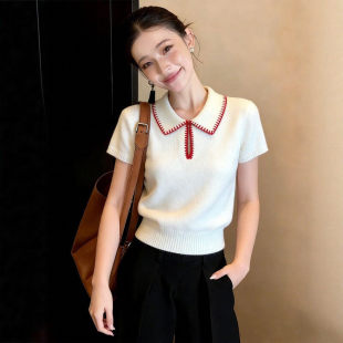 韩系白色polo领短袖 女2026春季 漂亮百搭镂空翻领打底衫 上衣 针织衫
