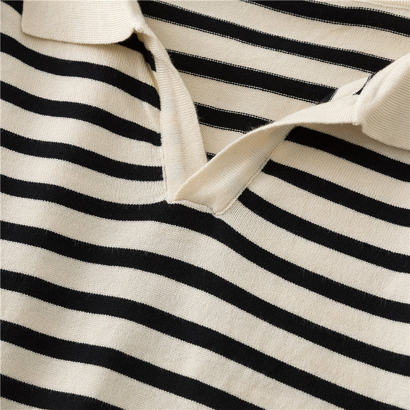 여성을위한 레트로 한국 스타일 스트라이프 반팔 아이스 실크 스웨터 여름 2024 새로운 폴로 칼라 느슨한 티셔츠 탑