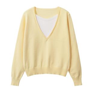 黄色假两件针织衫慵懒内搭毛衣初冬设计感穿搭韩系chic别致上衣女