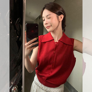 法式 t恤上衣 正肩红色针织polo领背心上衣女2026春夏收腰显瘦无袖