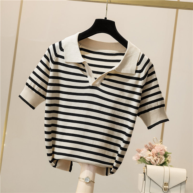 여성을위한 레트로 한국 스타일 스트라이프 반팔 아이스 실크 스웨터 여름 2024 새로운 폴로 칼라 느슨한 티셔츠 탑