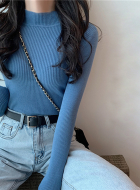 2024秋冬新款半高领螺纹打底衫女韩版紧身针织衫内搭毛衣黑色上衣