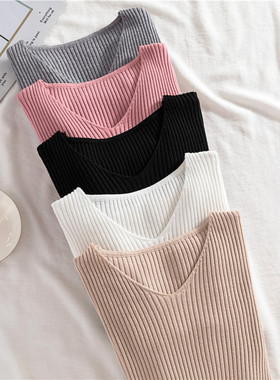 秋冬季V领针织长袖修身紧身保暖打底衫上衣潮复古套头显瘦毛衣女