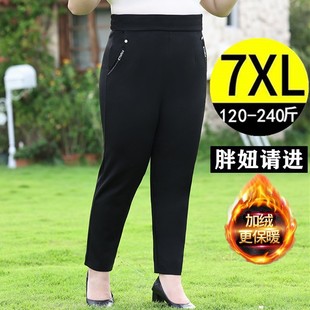 秋冬季特大码女裤胖MM松紧腰中年妈妈显瘦西裤加绒加厚直筒休闲裤