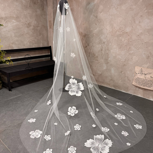 帝凡饰品长款复古蕾丝头纱轻透盖头蕾丝花瓣新娘结婚影楼拍照配饰
