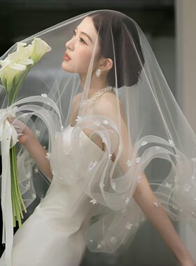 帝凡饰品手工小众碎花设计简约弹力网边头纱新娘结婚影楼拍照面纱