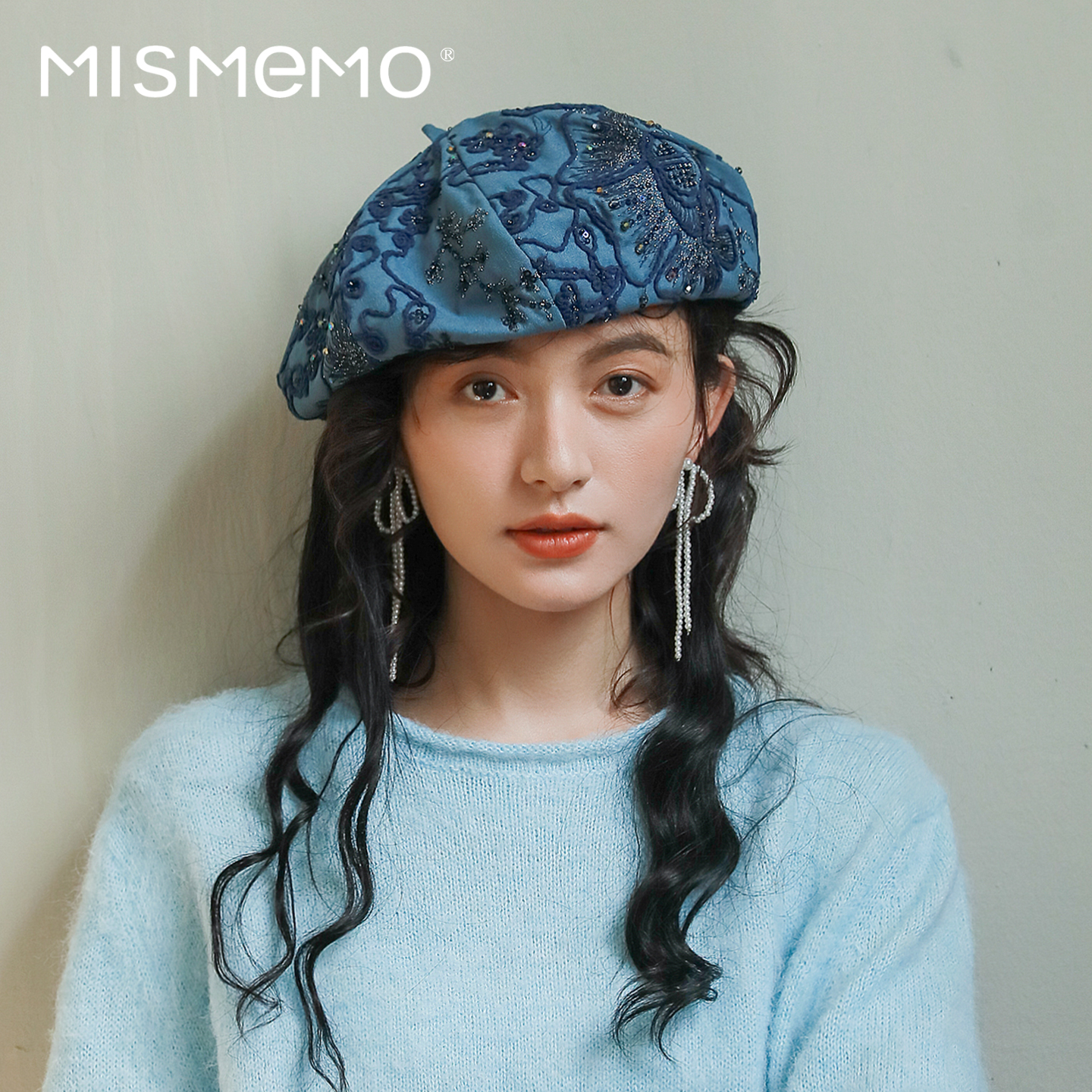 MISMEMO复古牛仔蓝色贝雷帽女2025新款秋冬串珠设计画家帽显脸小