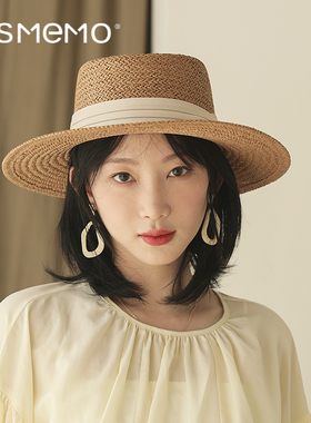 MISMEMO草帽女夏复古平沿礼帽休闲百搭遮阳帽海边法式沙滩太阳帽