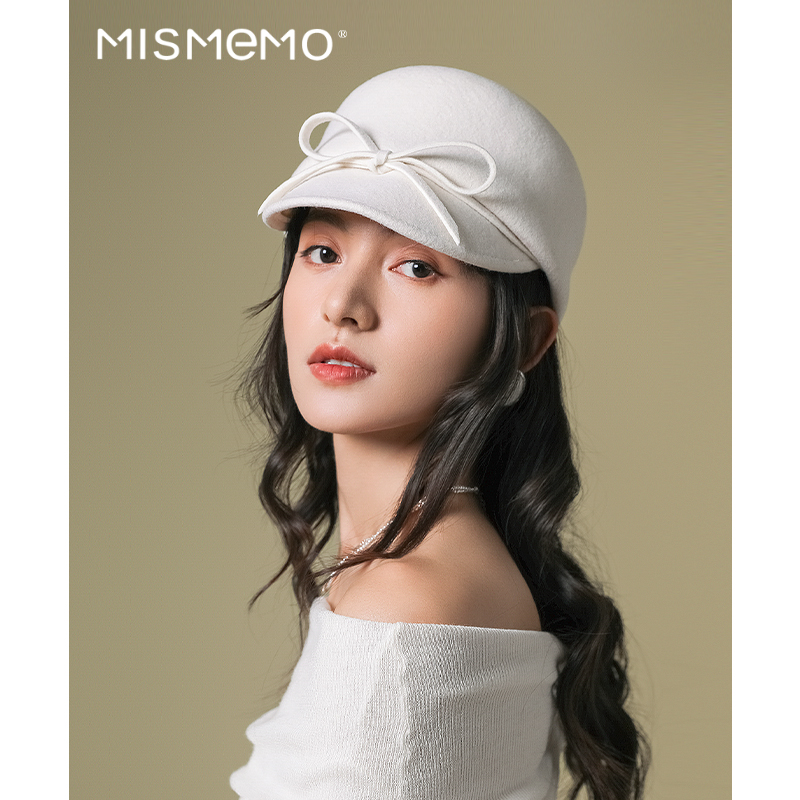 MISMEMO蝴蝶结羊毛马术帽女秋冬2024新款复古甜美鸭舌帽